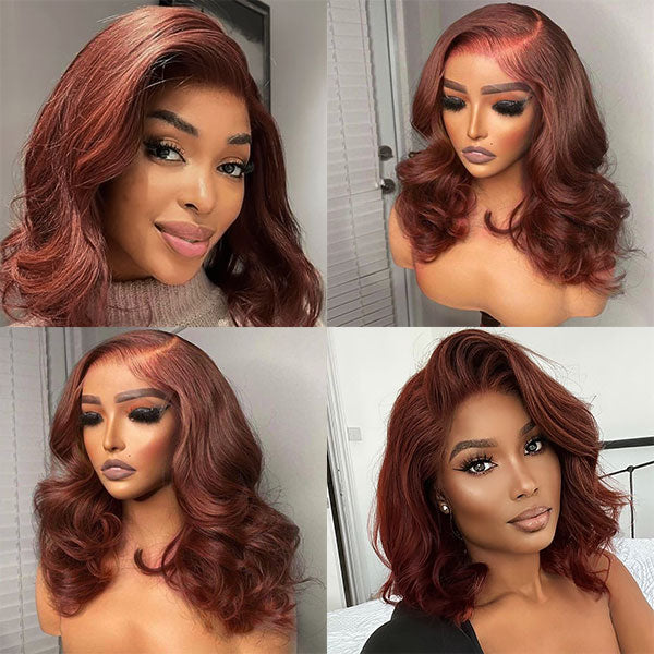 Reddish Auburn Color Bob Body Wave Human Hair Color For Dark Skins 13x4 Lace Front Wigs