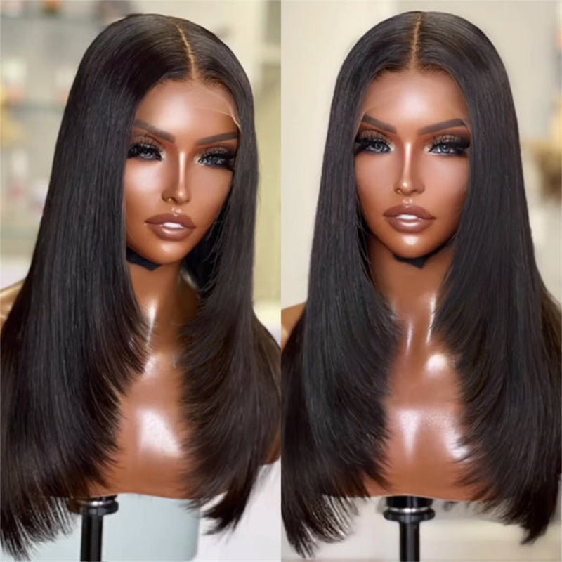 Ldjoy Layered Cut Straight 5x5 Lace Closure Wig Natural Black Human Hair Wig