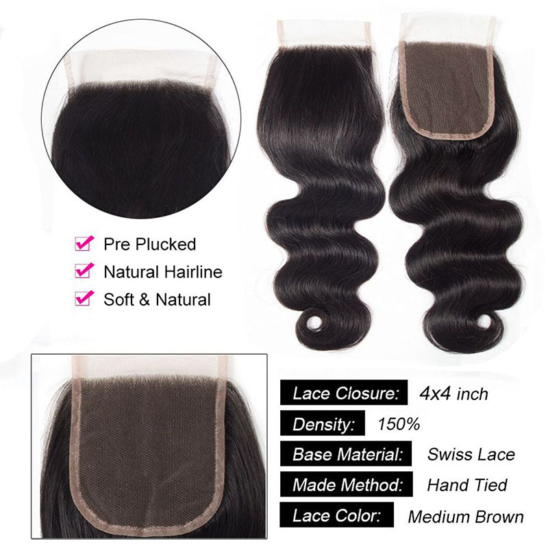 Ldjoy Brazilian Body Wave Hair 3 Bundles With 4x4 Closure Free Part