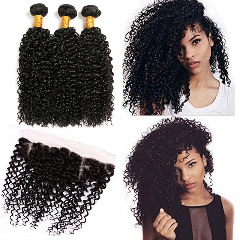Ldjoy Curly 3 Bundles Hair Weft With 13x4 Lace Frontal Human Virgin Hair