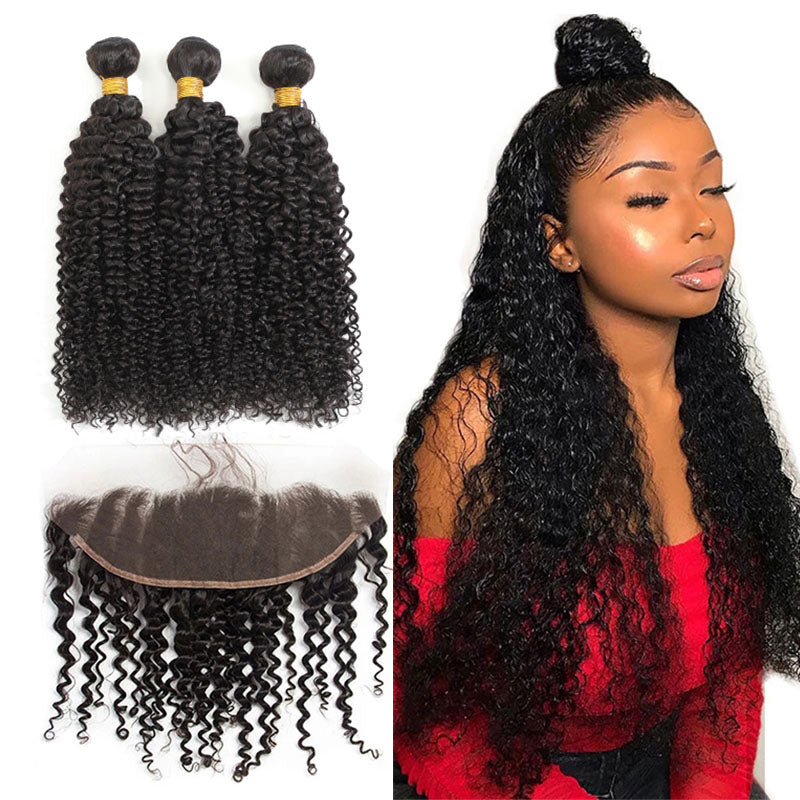 Ldjoy Curly 3 Bundles Hair Weft With 13x4 Lace Frontal Human Virgin Hair