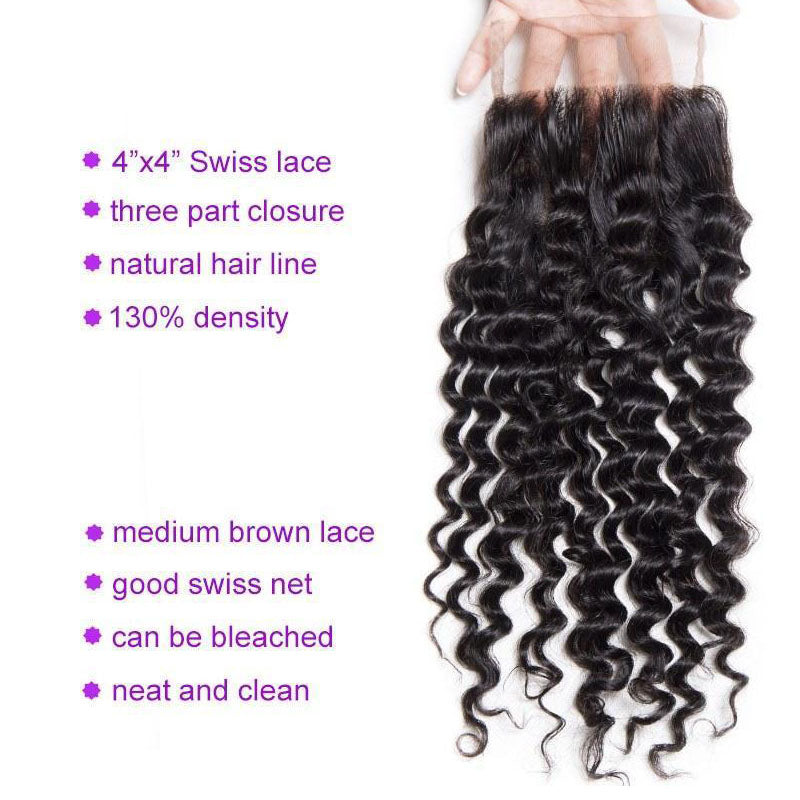 Ldjoy Curly 3 Pcs Bundles Hair Weft With 4x4 Lace Closure Human Virgin Hair