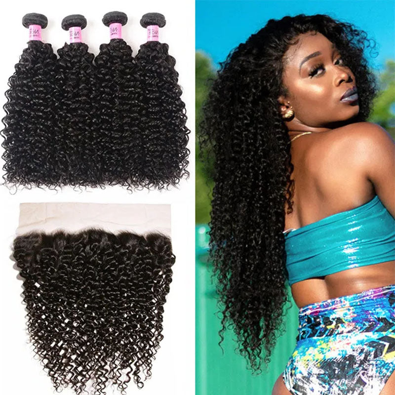 Ldjoy Curly 4 Pcs Bundles Hair Weft With 13x4 Lace Frontal Natural Black Human Virgin hair
