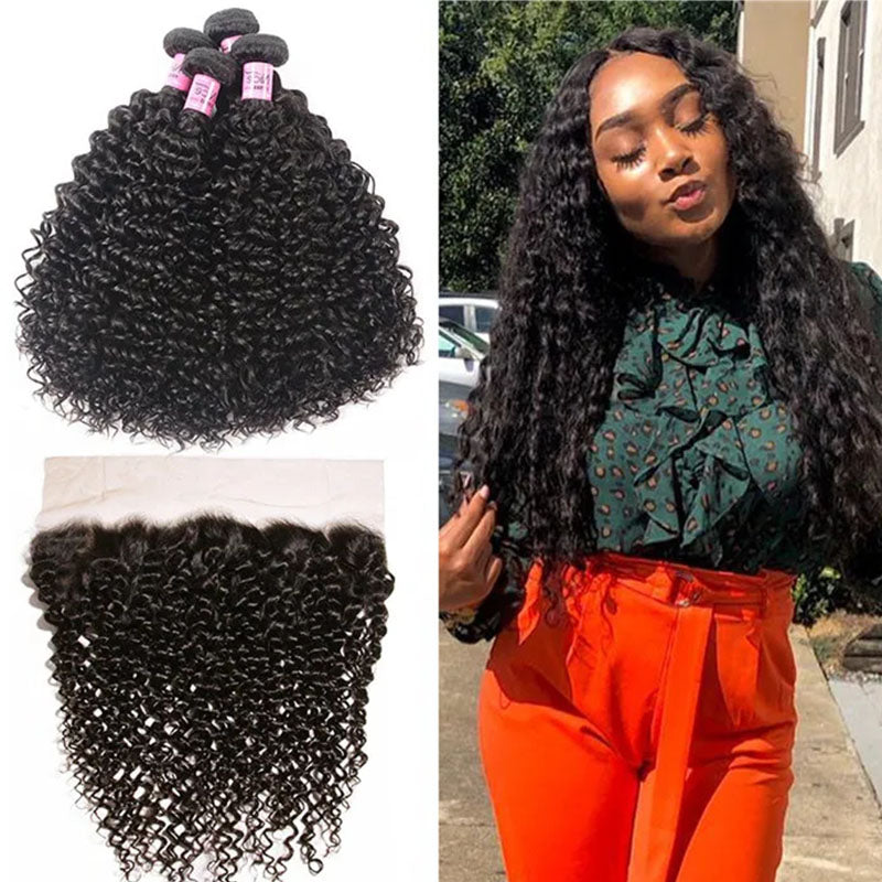 Ldjoy Curly 4 Pcs Bundles Hair Weft With 13x4 Lace Frontal Natural Black Human Virgin hair