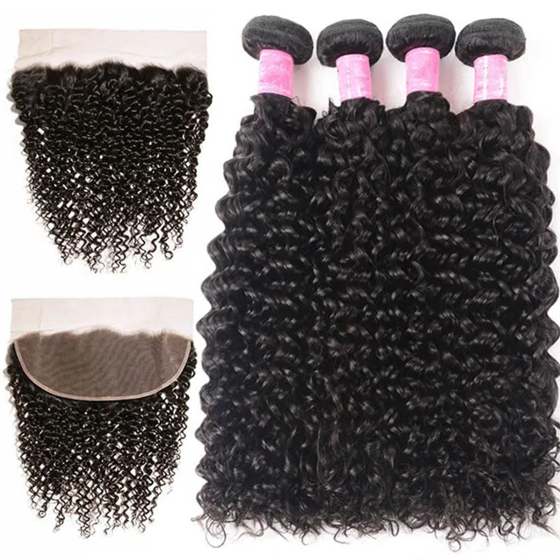 Ldjoy Curly 4 Pcs Bundles Hair Weft With 13x4 Lace Frontal Natural Black Human Virgin hair