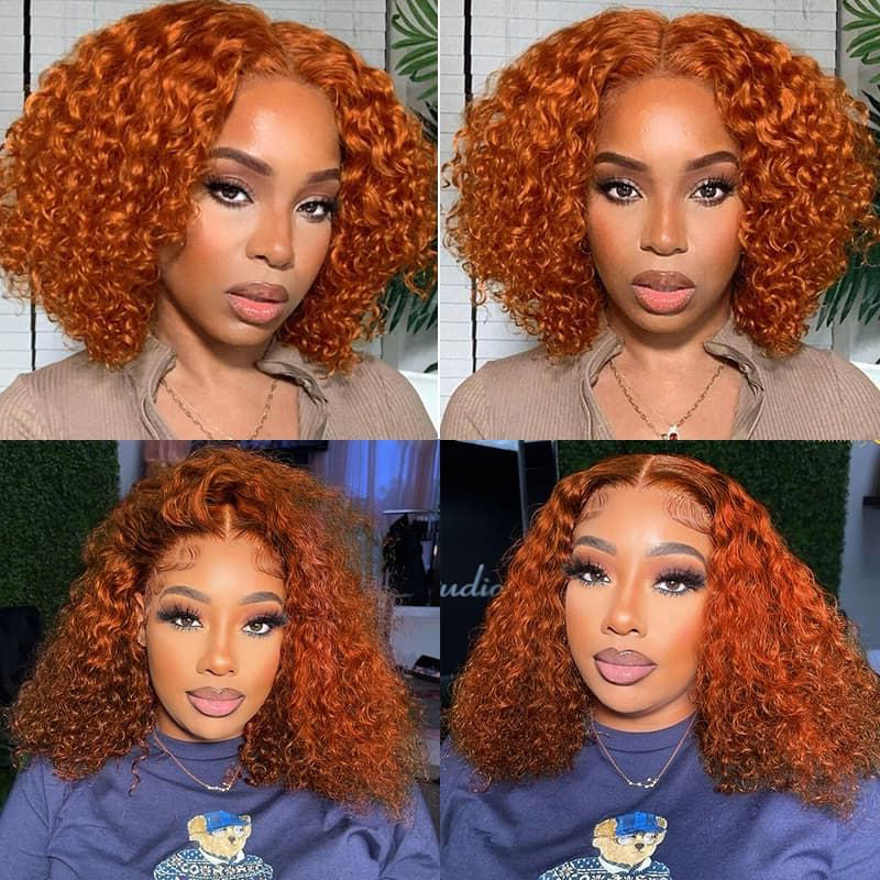 Ldjoy Deep Curly 210% Density Ginger Orange Color 13x4 Lace Bob Wig