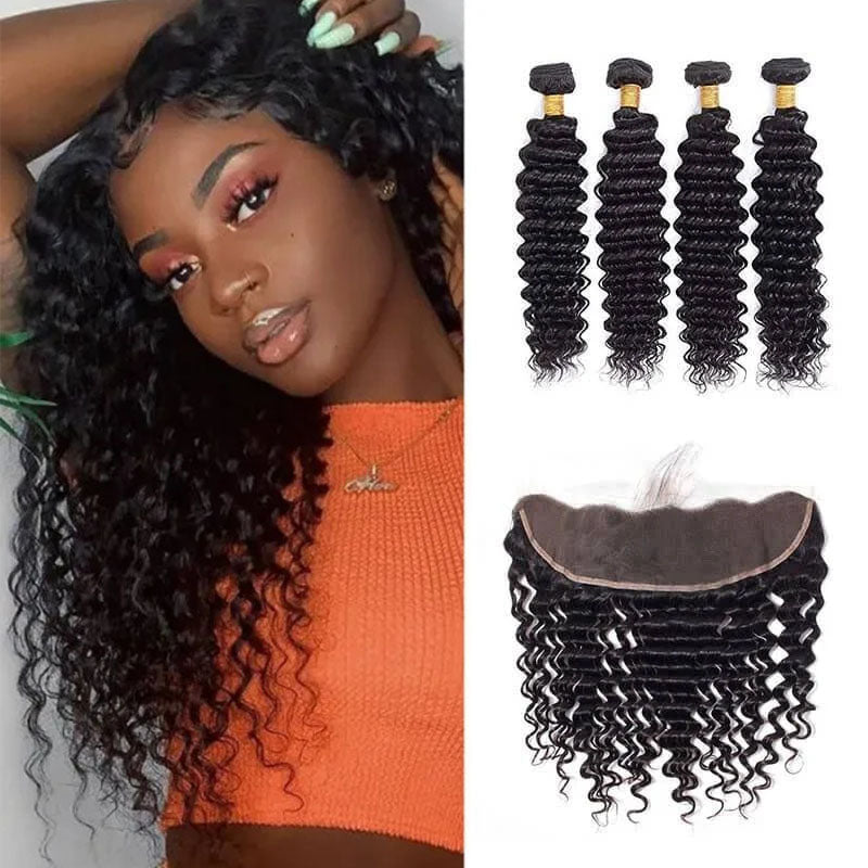 Ldjoy Deep Wave 1 Pcs Lace Frontal Natural Black Human Virgin Hair