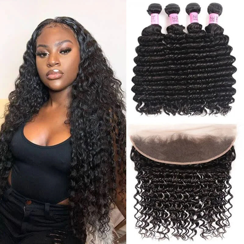 Ldjoy Deep Wave 1 Pcs Lace Frontal Natural Black Human Virgin Hair