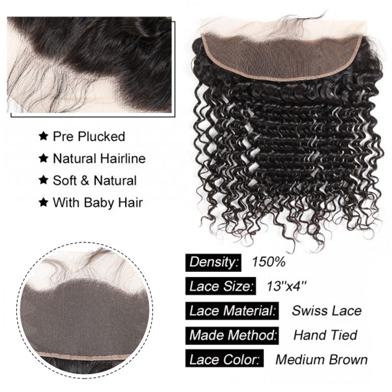 Ldjoy Deep Wave 1 Pcs Lace Frontal Natural Black Human Virgin Hair