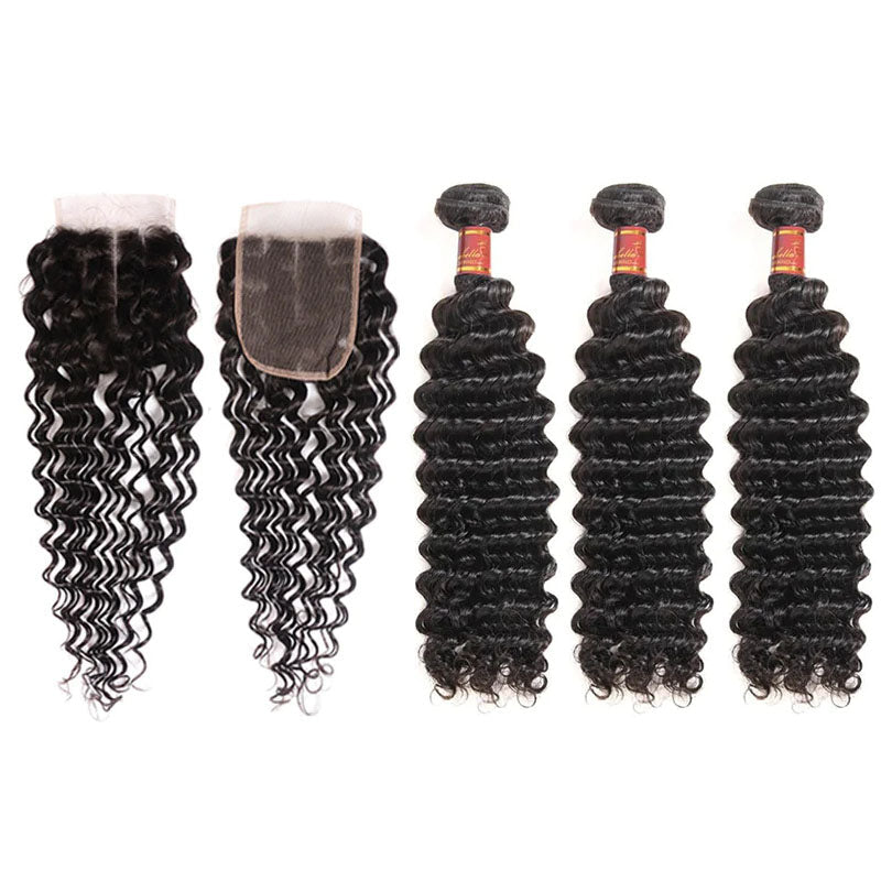Ldjoy Deep Wave 3 Bundles Hair Weft With 4x4 Lace Closure Human Hair