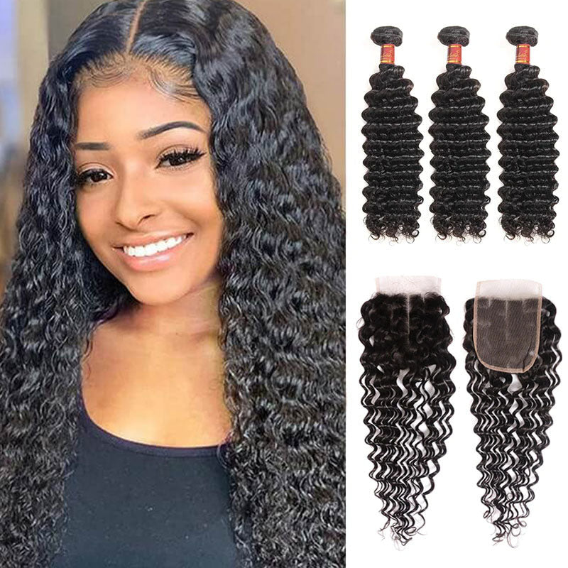 Ldjoy Deep Wave 3 Bundles Hair Weft With 4x4 Lace Closure Human Hair