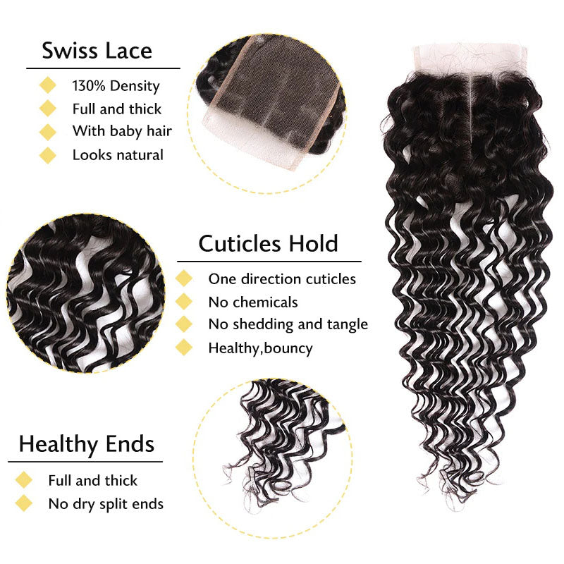 Ldjoy Deep Wave 3 Bundles Hair Weft With 4x4 Lace Closure Human Hair