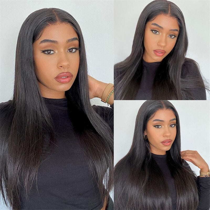 6x6 Lace Closure Straight 180% Density Human Hair Natural Black Wigs