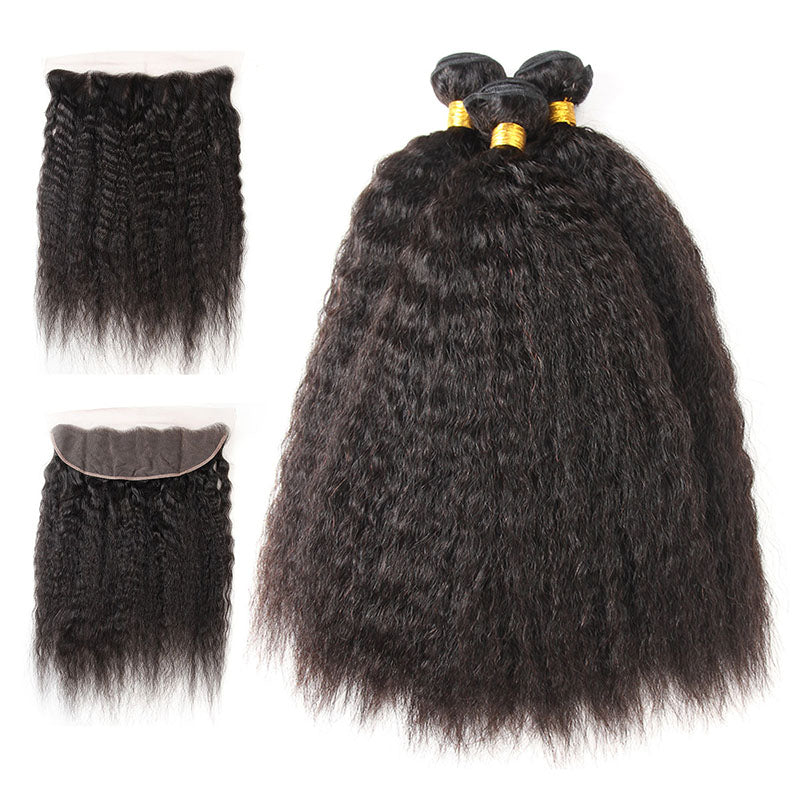 Ldjoy Kinky Straight 3 Pcs Bundles Hair Weft With 13x4 Lace Frontal Natural Black Human Hair