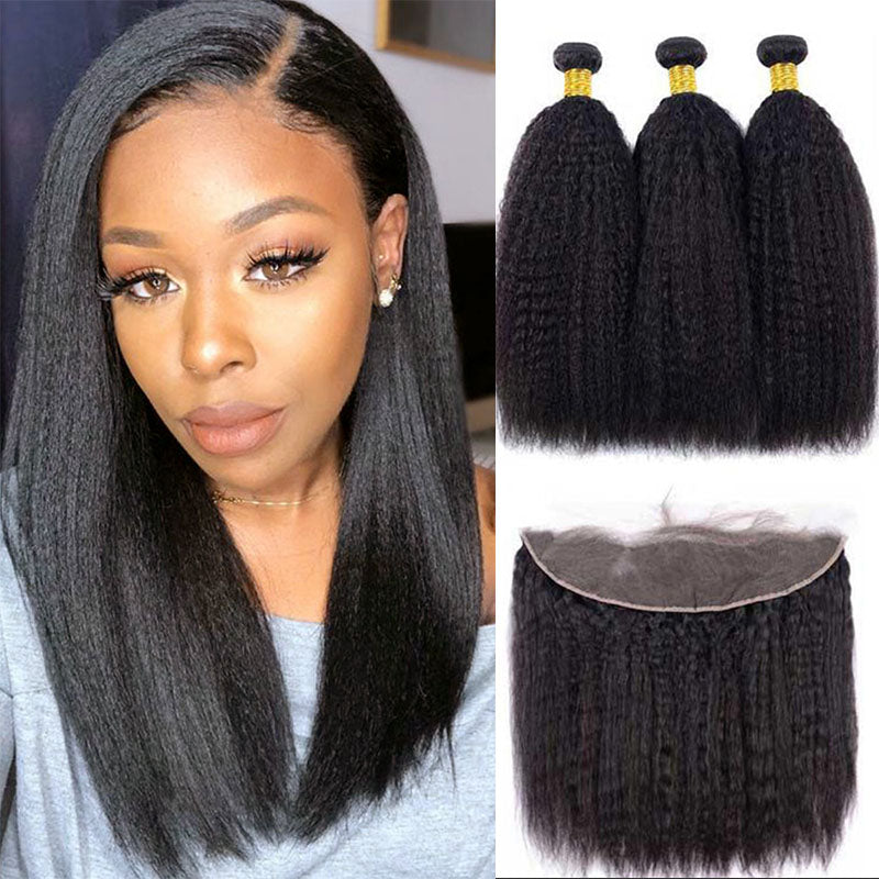 Ldjoy Kinky Straight 3 Pcs Bundles Hair Weft With 13x4 Lace Frontal Natural Black Human Hair