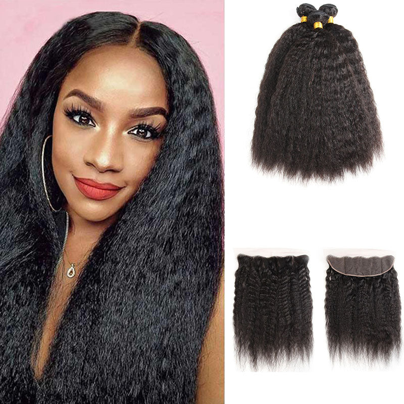 Ldjoy Kinky Straight 3 Pcs Bundles Hair Weft With 13x4 Lace Frontal Natural Black Human Hair
