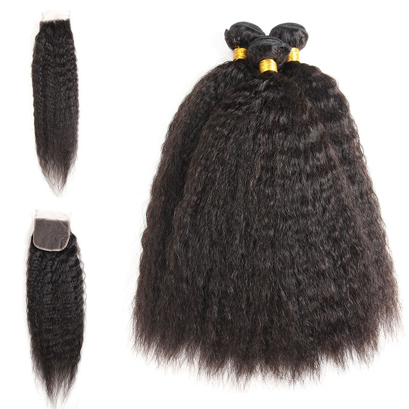 Ldjoy Kinky Straight 3 Pcs Bundles Hair Weft With 4x4 Lace Closure Natural Black Human Hair