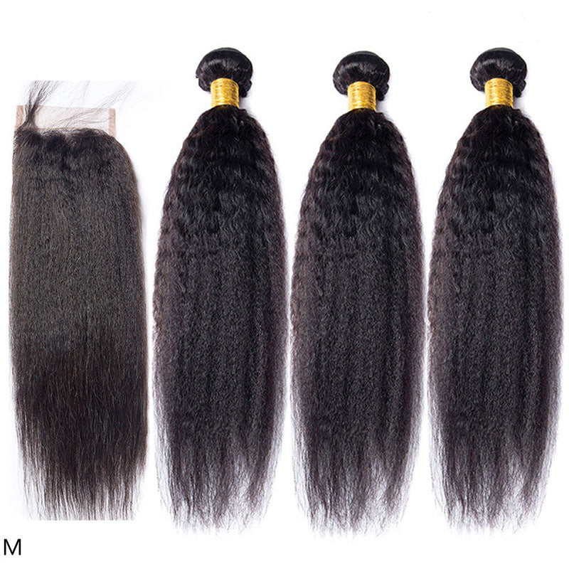 Ldjoy Kinky Straight 3 Pcs Bundles Hair Weft With 4x4 Lace Closure Natural Black Human Hair