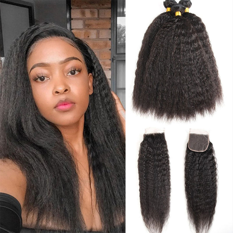 Ldjoy Kinky Straight 3 Pcs Bundles Hair Weft With 4x4 Lace Closure Natural Black Human Hair