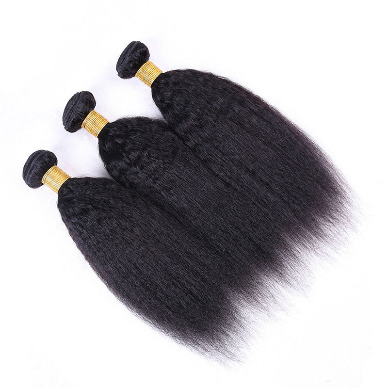 Ldjoy Kinky Straight 3 Pcs Bundles Hair Weft With 4x4 Lace Closure Natural Black Human Hair
