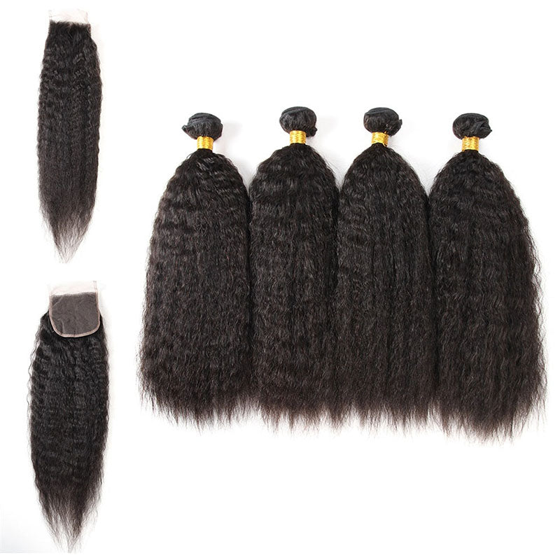 Ldjoy Kinky Straight 4 Pcs Bundles Hair Weft With 4x4 Lace Closure Natural Black Human Hair