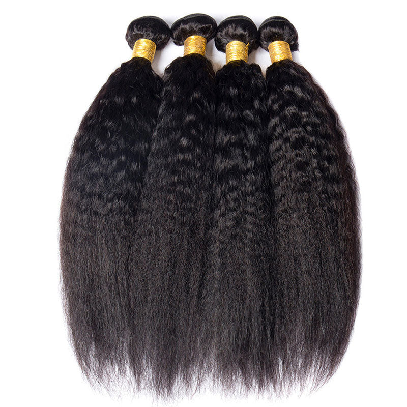 Ldjoy Kinky Straight 4 Pcs Bundles Hair Weft With 4x4 Lace Closure Natural Black Human Hair