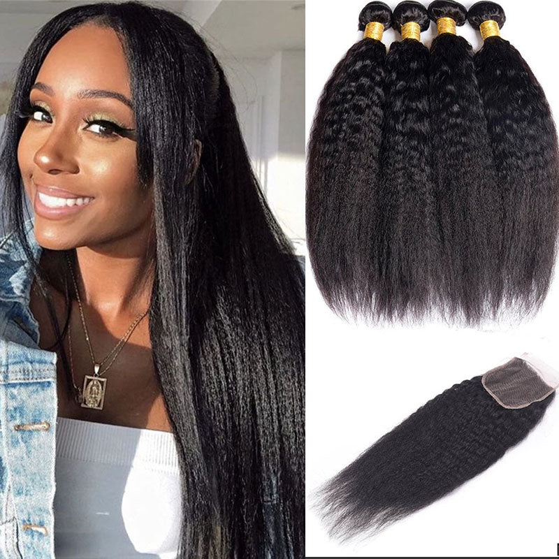 Ldjoy Kinky Straight 4 Pcs Bundles Hair Weft With 4x4 Lace Closure Natural Black Human Hair