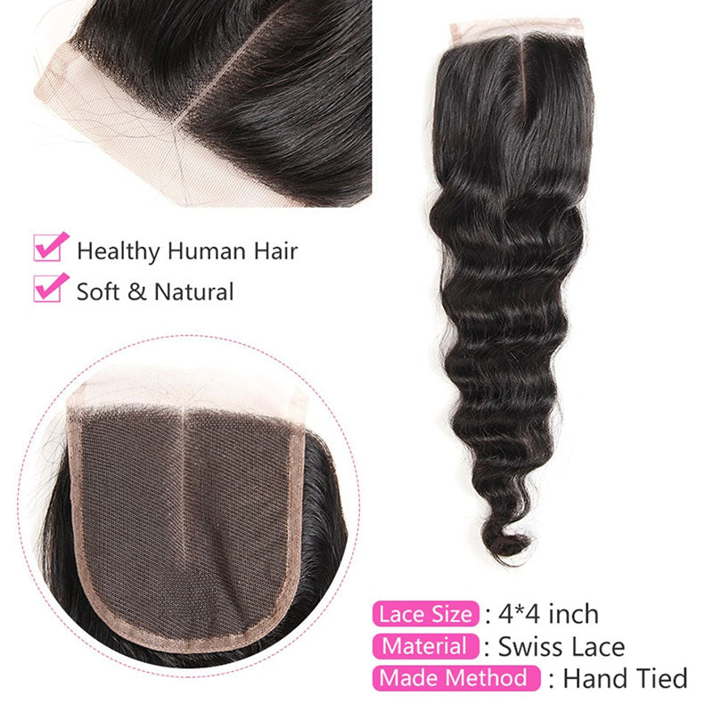 Ldjoy Loose Deep Wave 1 Pcs 4x4 Lace Closure Natural Black Human Virgin Hair
