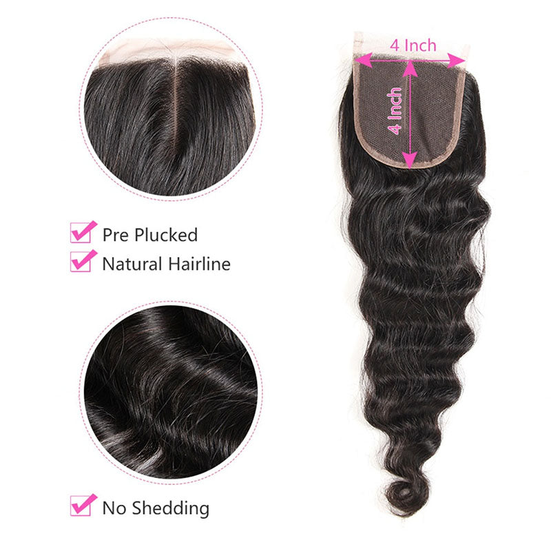 Ldjoy Loose Deep Wave 1 Pcs 4x4 Lace Closure Natural Black Human Virgin Hair