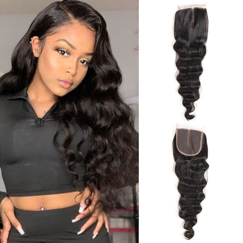Ldjoy Loose Deep Wave 1 Pcs 4x4 Lace Closure Natural Black Human Virgin Hair