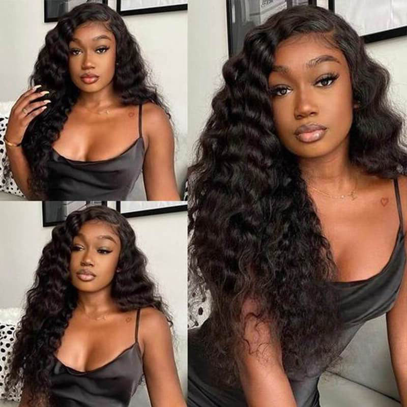 Ldjoy Loose Deep Wave 3 Pcs Bundles Hair Weft With 13x4 Lace Frontal Natural Black Human Virgin Hair