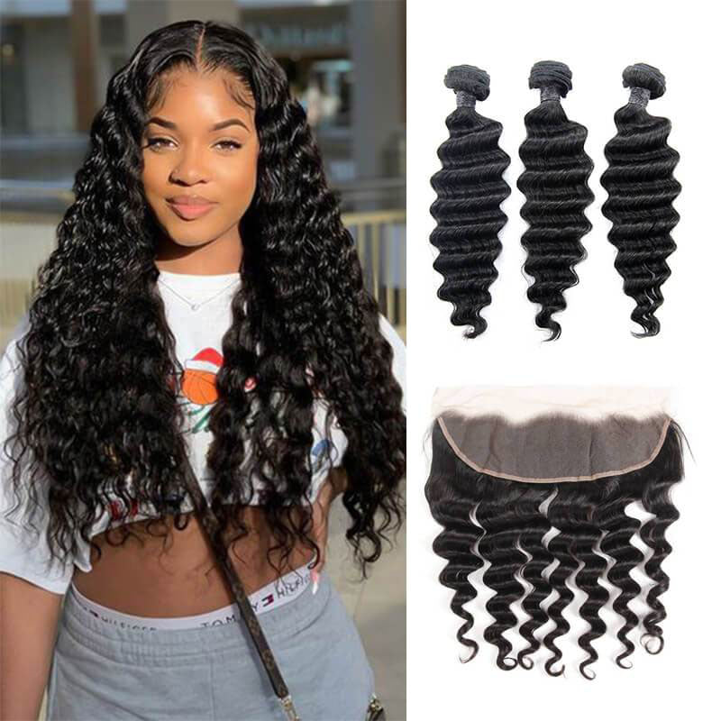 Ldjoy Loose Deep Wave 3 Pcs Bundles Hair Weft With 13x4 Lace Frontal Natural Black Human Virgin Hair