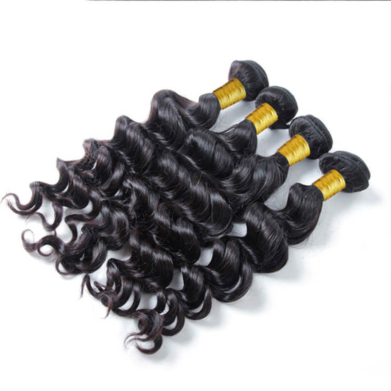 Ldjoy Loose Deep Wave 4 Pcs Bundles Hair Weft With 13x4 Lace Frontal Natural Black Human Virgin Hair