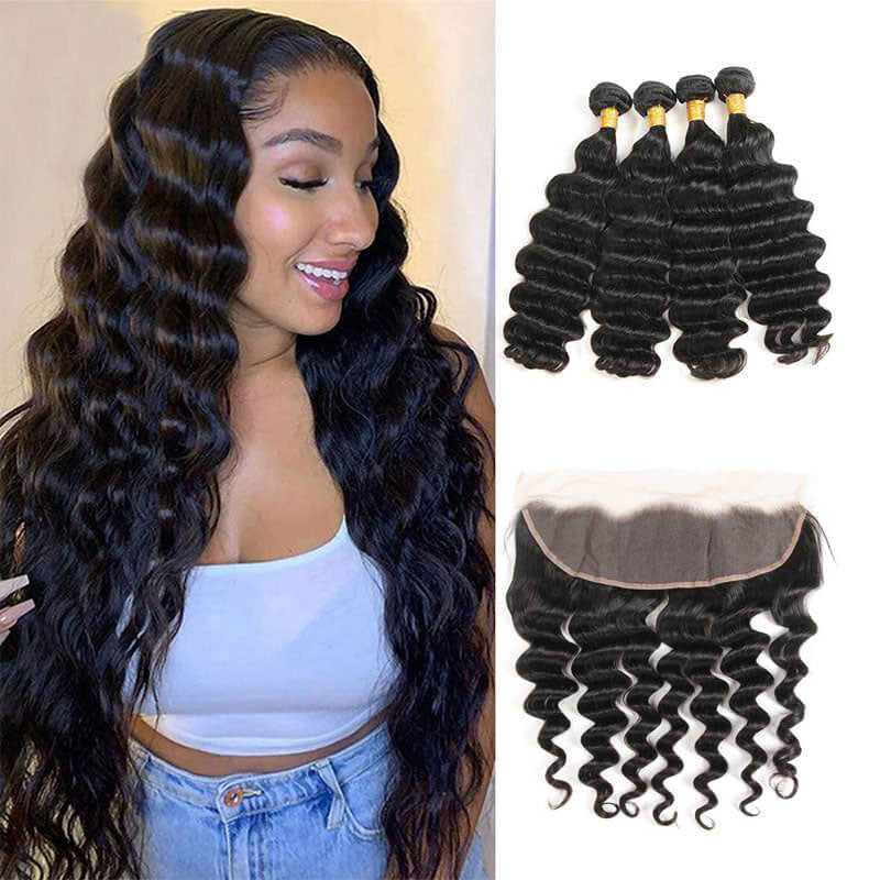 Ldjoy Loose Deep Wave 4 Pcs Bundles Hair Weft With 13x4 Lace Frontal Natural Black Human Virgin Hair