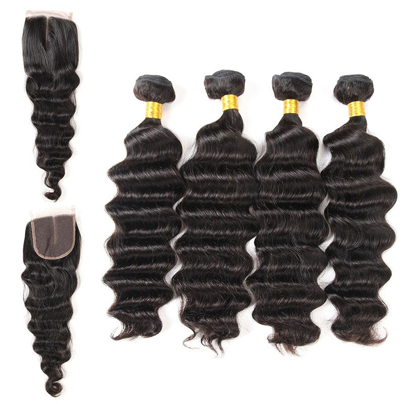 Ldjoy Loose Deep Wave 4 Pcs Bundles Hair Weft With 4x4 Lace Closure Natural Black Human Virgin Hair