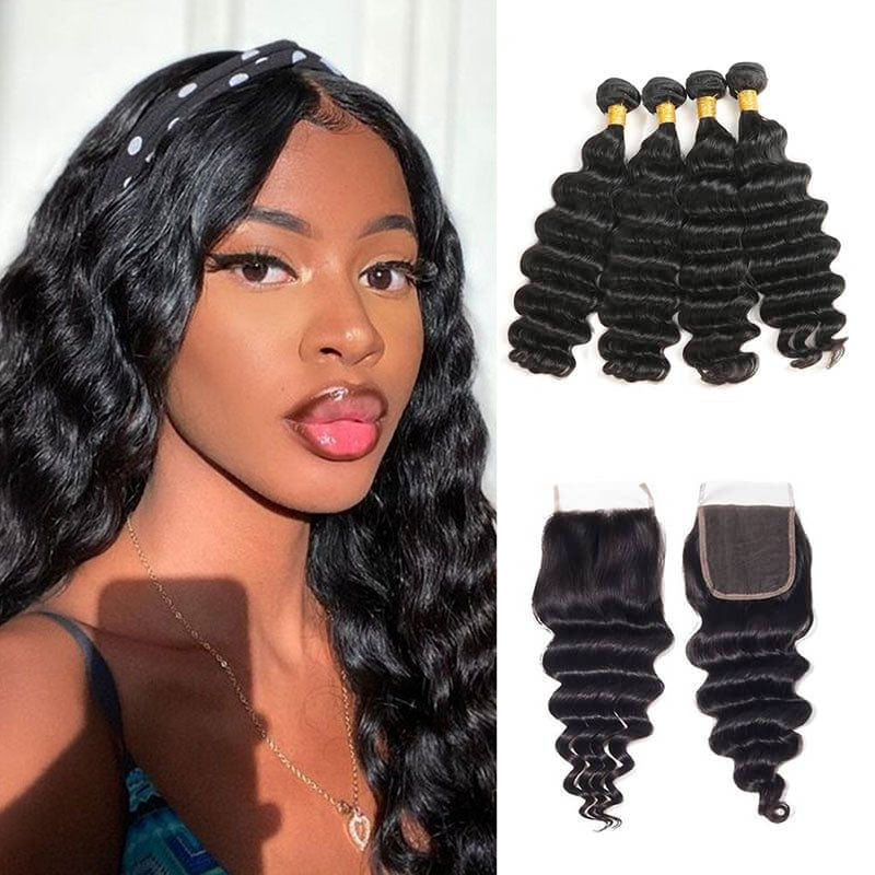 Ldjoy Loose Deep Wave 4 Pcs Bundles Hair Weft With 4x4 Lace Closure Natural Black Human Virgin Hair