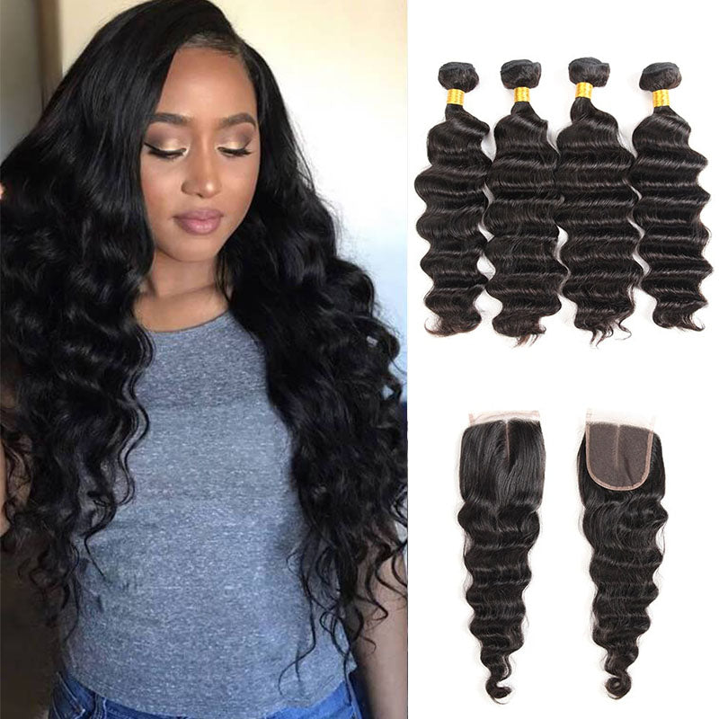 Ldjoy Loose Deep Wave 4 Pcs Bundles Hair Weft With 4x4 Lace Closure Natural Black Human Virgin Hair