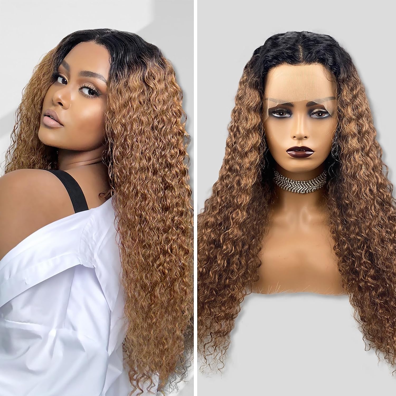Ldjoy Ombre Brown Curly Brazilian Human Hair 4x4 Lace Closure Wig Pre plucked Baby Hair Wigs for Black Women 180% Density