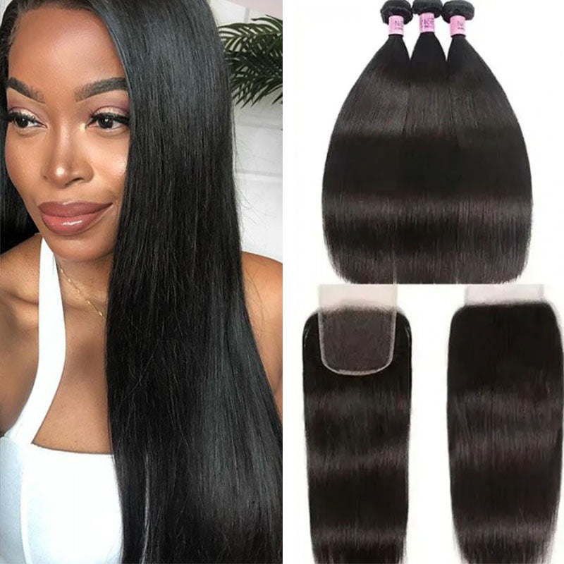 Ldjoy Straight 3 Pcs Bundles Hair Weft With 4x4 Lace Closure Human Hair