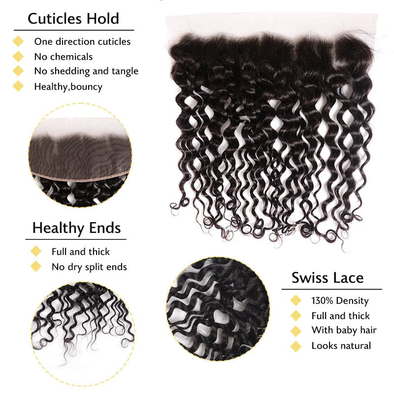 Ldjoy Water Wave 3 Bundles Hair Weft With 13x4 Lace Frontal Natural Black