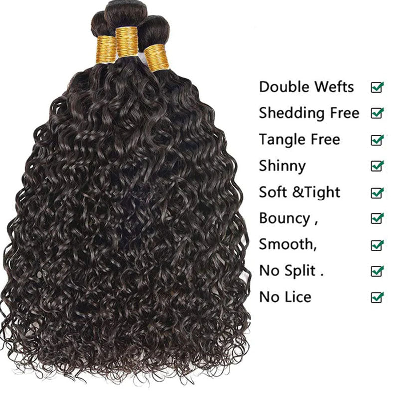 Ldjoy Water Wave 3 Bundles Hair Weft With 4x4 Lace Closure Natural Black