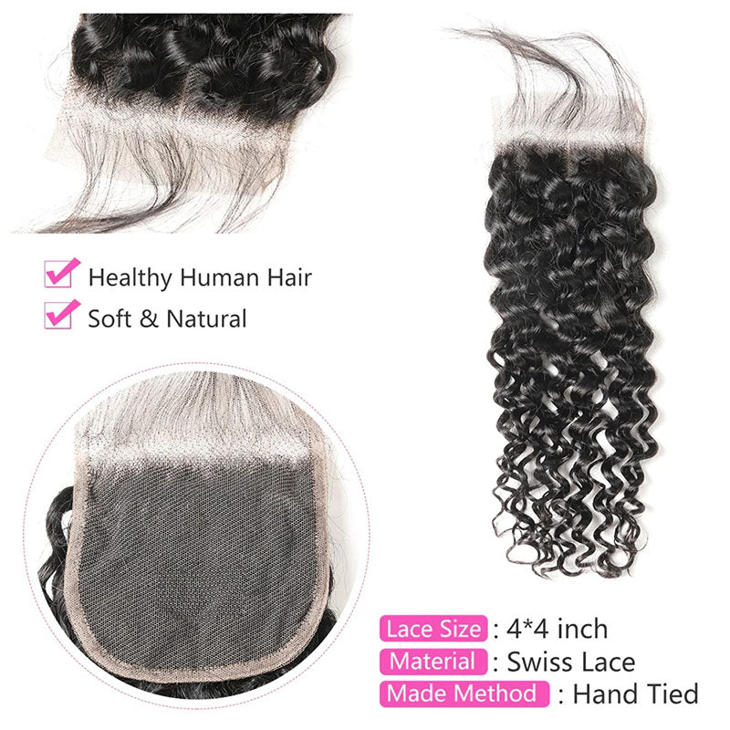 Ldjoy Water Wave 4 Bundles Hair Weft With 4x4 Lace Closure Natural Black