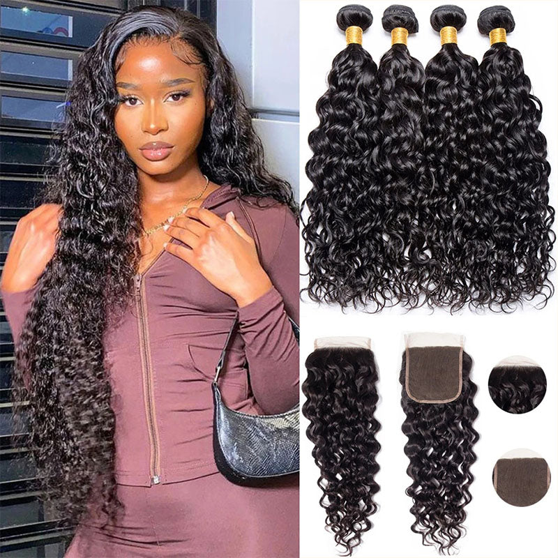 Ldjoy Water Wave 4 Bundles Hair Weft With 4x4 Lace Closure Natural Black
