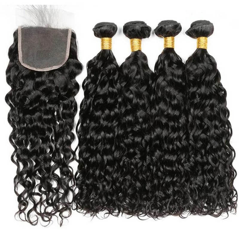 Ldjoy Water Wave 4 Bundles Hair Weft With 4x4 Lace Closure Natural Black