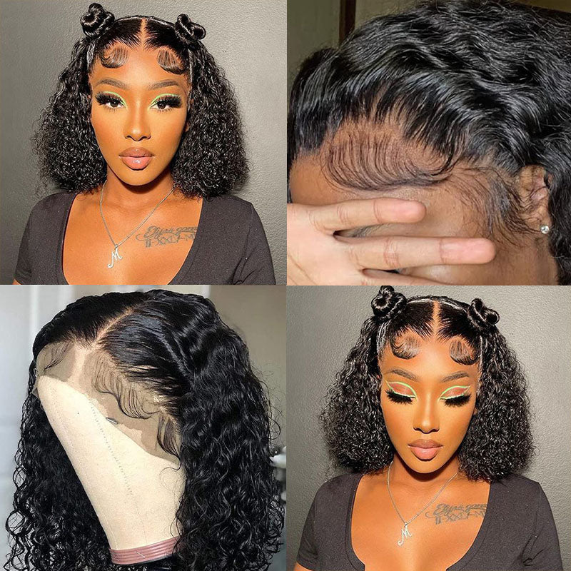 Ldjoy Water Wave Lace Bob Wig 10-16 Inches Natural Black Human Hair Wig