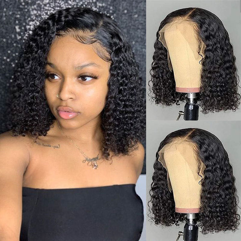Ldjoy Water Wave Lace Bob Wig 10-16 Inches Natural Black Human Hair Wig