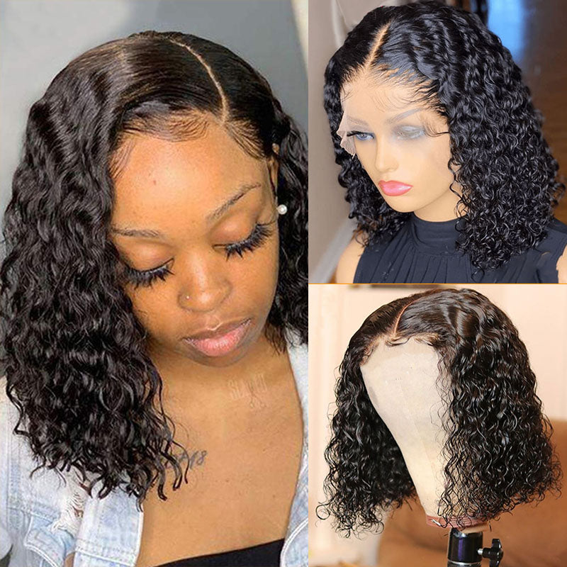 Ldjoy Water Wave Lace Bob Wig 10-16 Inches Natural Black Human Hair Wig