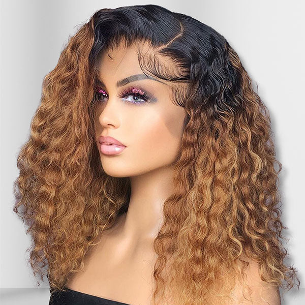 Ldjoy 1B/33 Ombre Black with Brown Color Lace Human Hair Wigs 13x4 HD Lace Front Wig Curly Wigs