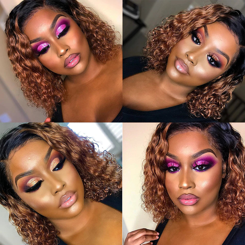 13x4 Lace Front Human Hair Wigs 1B/30 Ombre Color Short Bob Curly Wigs
