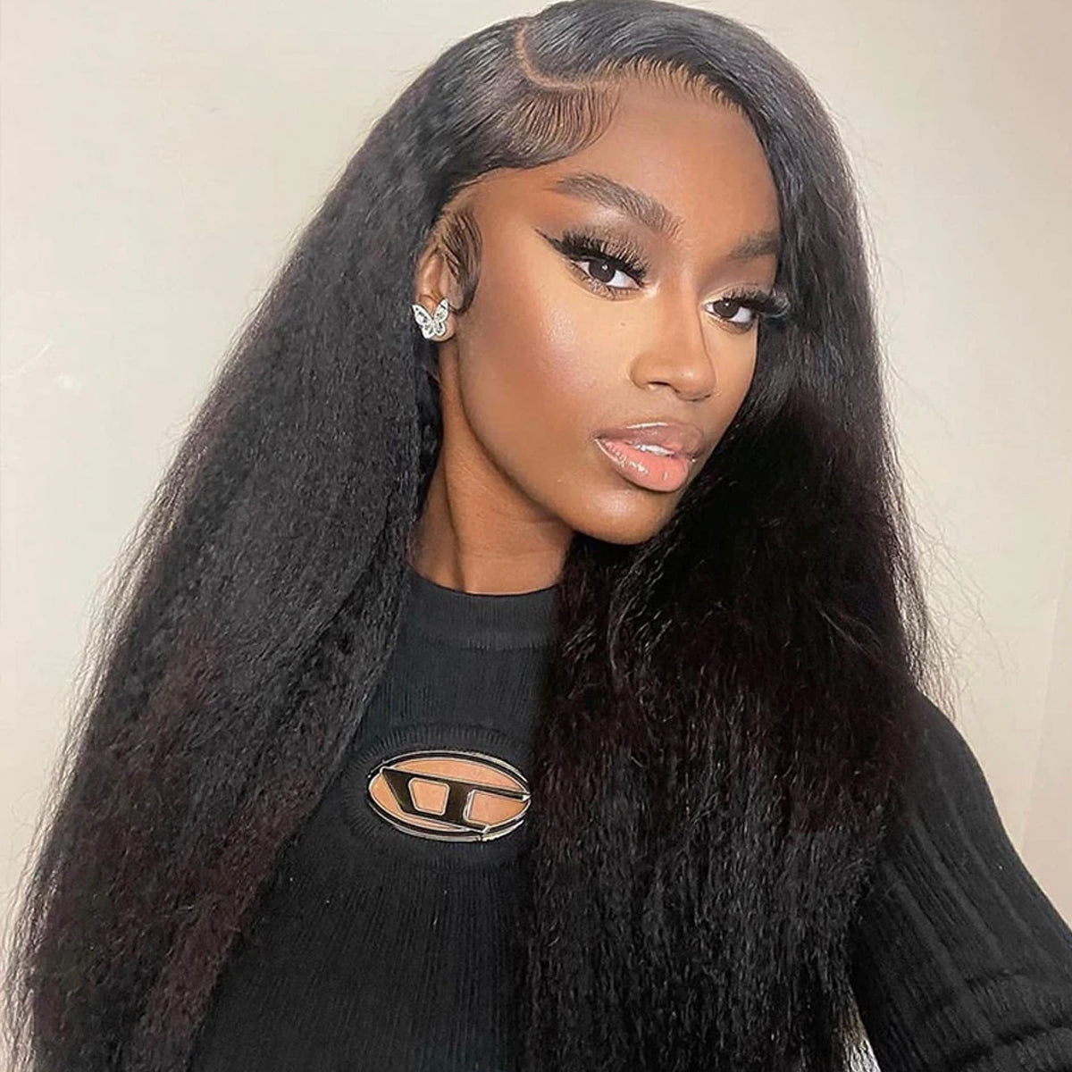 Ldjoy Kinky Straight 4x4 Lace Closure Wig Natural Black Human Hair Wig